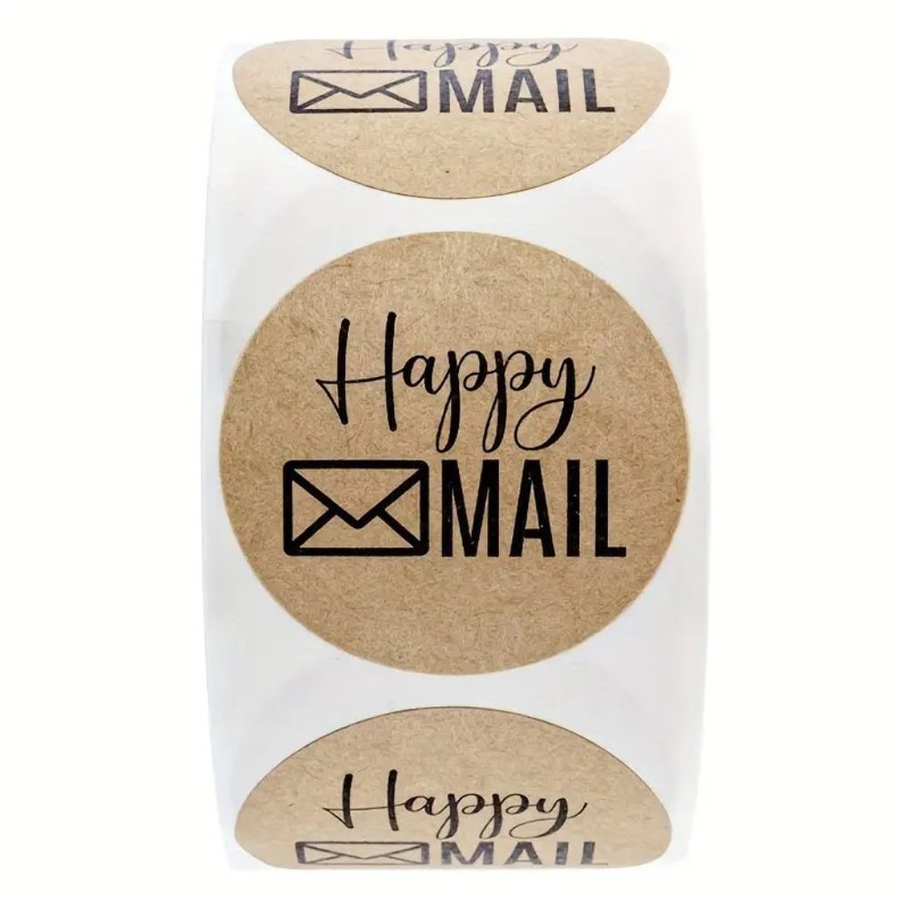 NEW 500 Pieces/ 1 Roll Happy Mail Stickers Round Kraft Stickers - Dark Brown